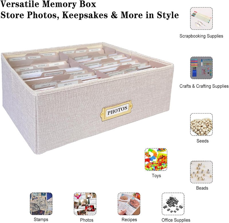 Sprsthai Linen Photo Storage Box – Holds 1700 Photos, 24 Adjustable Dividers & 72 Labels Multi-Use Organizer for Photos, Envelopes, Recipes Beige - Image 3